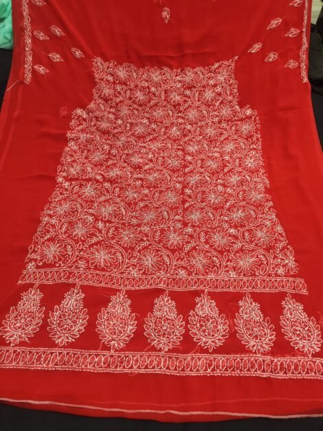 LCF LUCKNOW CHIKAN CHIFFON DRESS MATERIAL (RED)