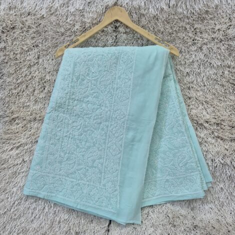 LCF LUCKNOW CHIKAN COTTON SAREE ( GREENISH BLUE )