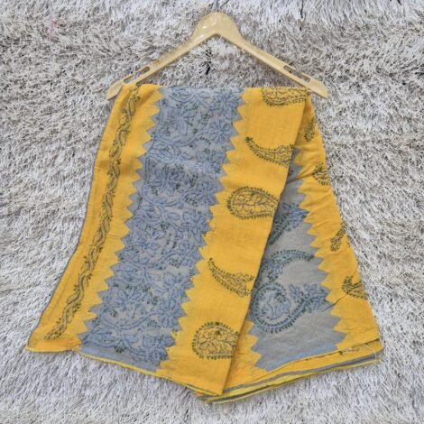 LCF LUCKNOW CHIKAN COTTON SAREE (YELLOW&GREY)