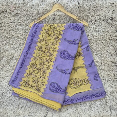LCF LUCKNOW CHIKAN COTTON SAREE (PURPLE&YELLOW)