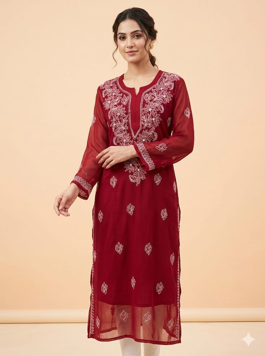 LCF LUCKNOW CHIKAN CHIFFON LONG KURTI (RED)